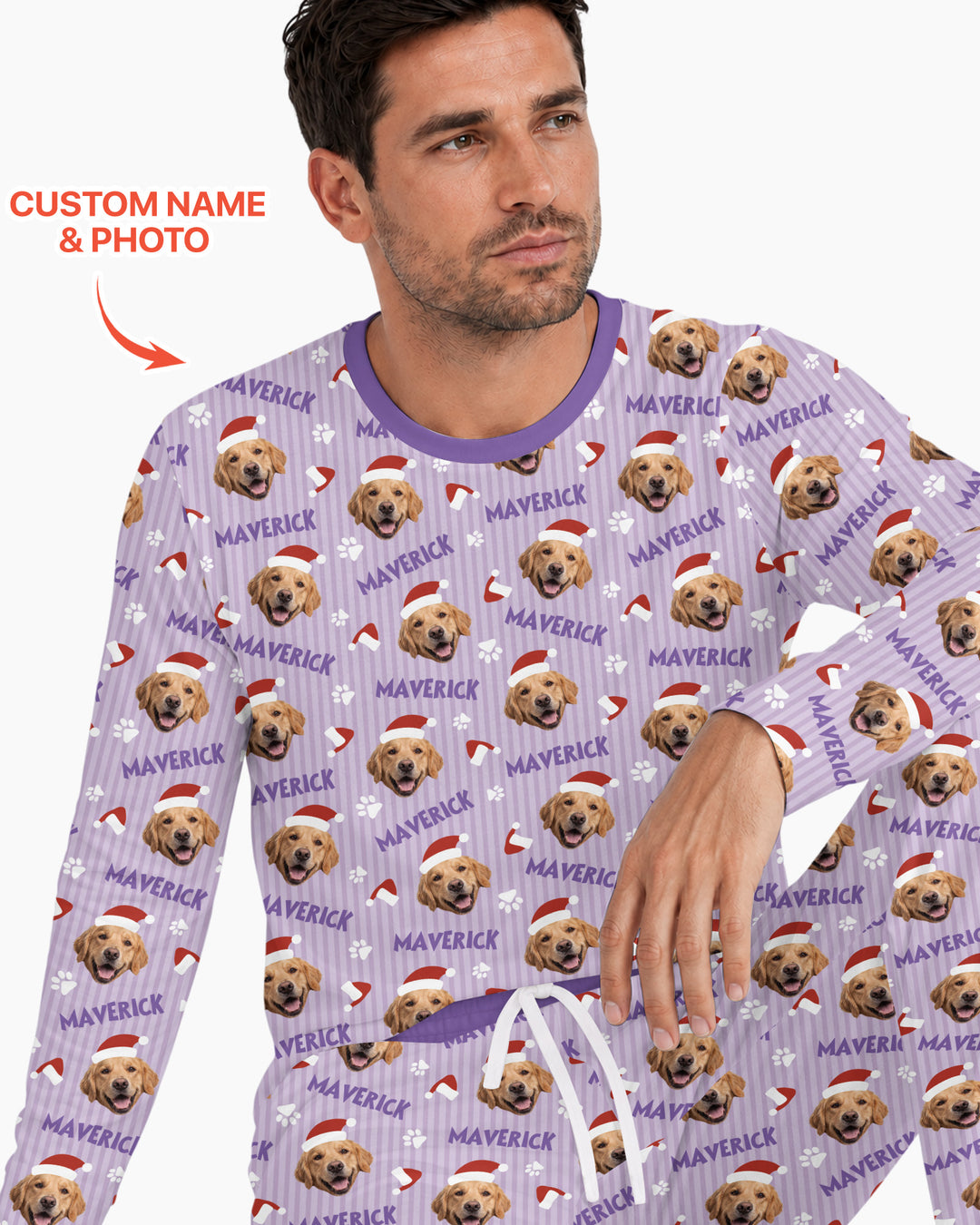 Custom Pet Photo Christmas Paws Stripe Bamboo Men's Pajama Set