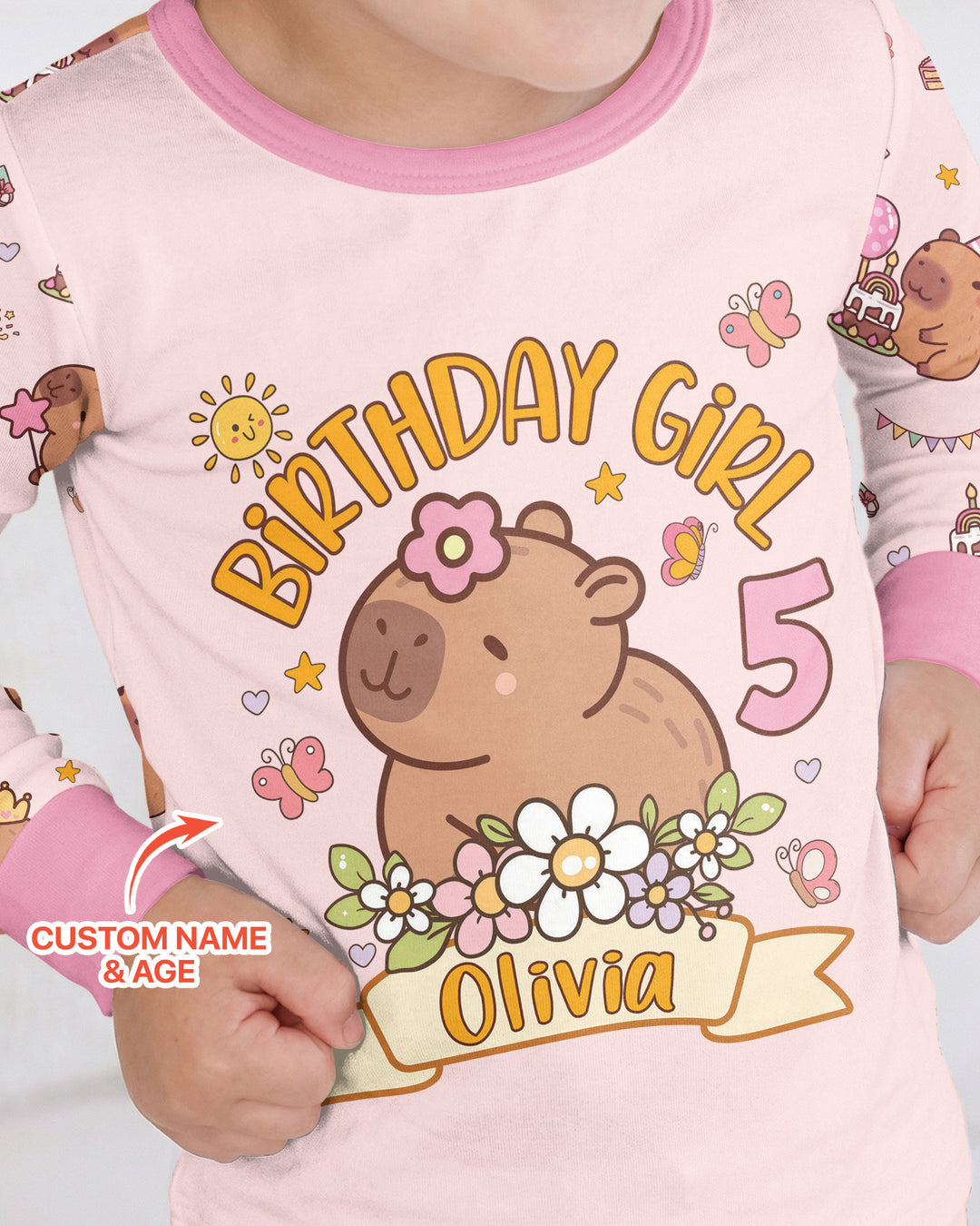 Personalized Capy Birthday Girl Bamboo Two Piece Long Sleeve Pajama Set
