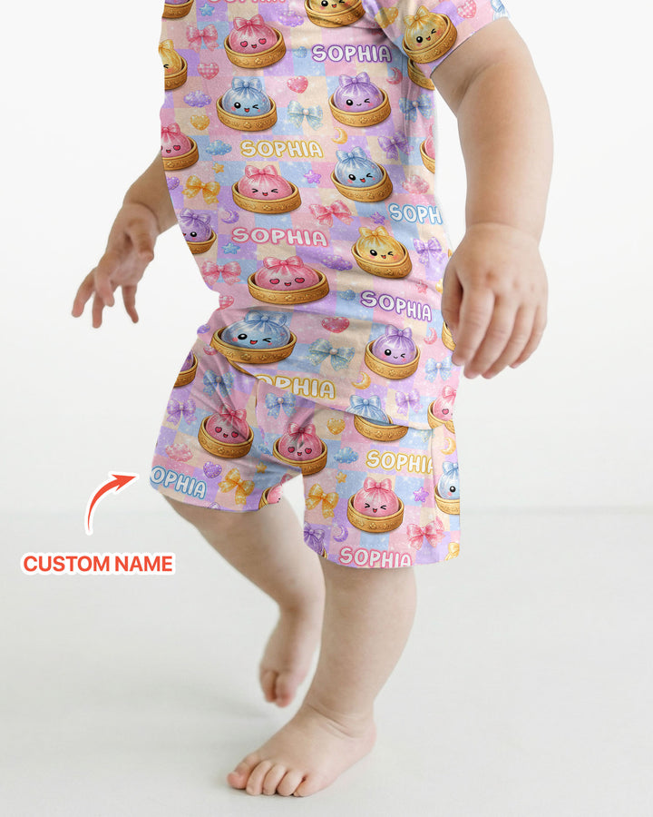 Custom Name Coquette Glitter Dumpling Bamboo Two Piece Short Sleeve Shorts Pajama Set