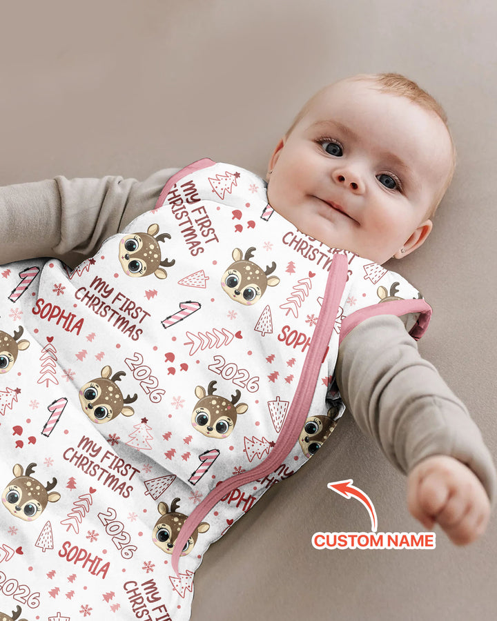 Custom Name Cute Reindeer My First Christmas Bamboo Sleep Bag