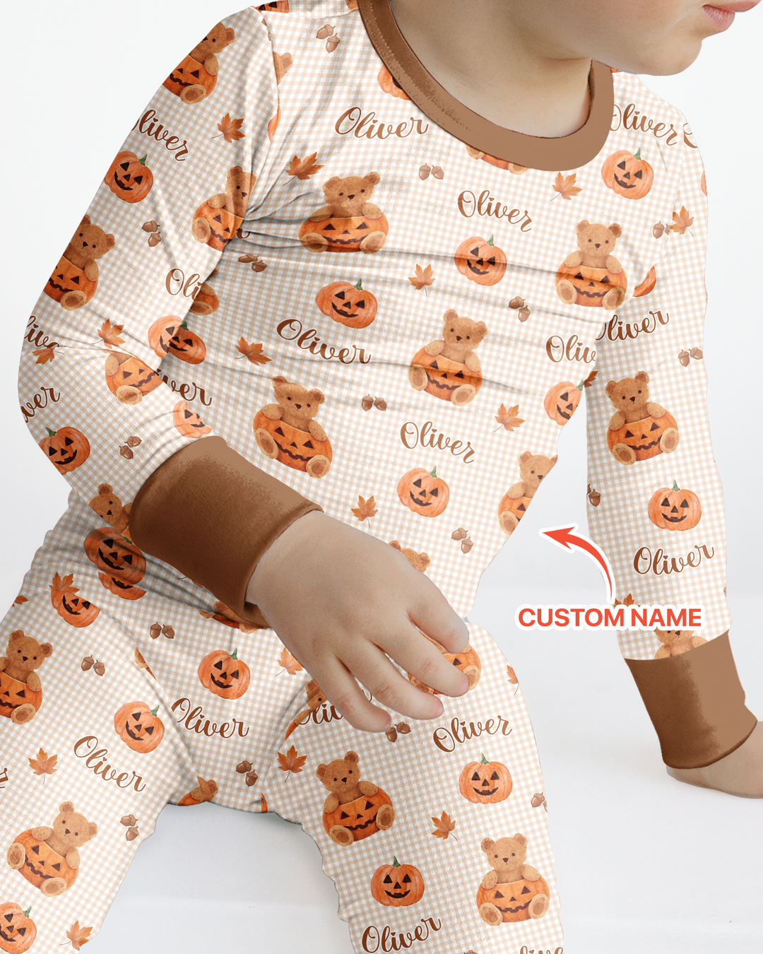 Custom Name Pumpkin Teddy Bamboo Two Piece Long Sleeve Pajama Set