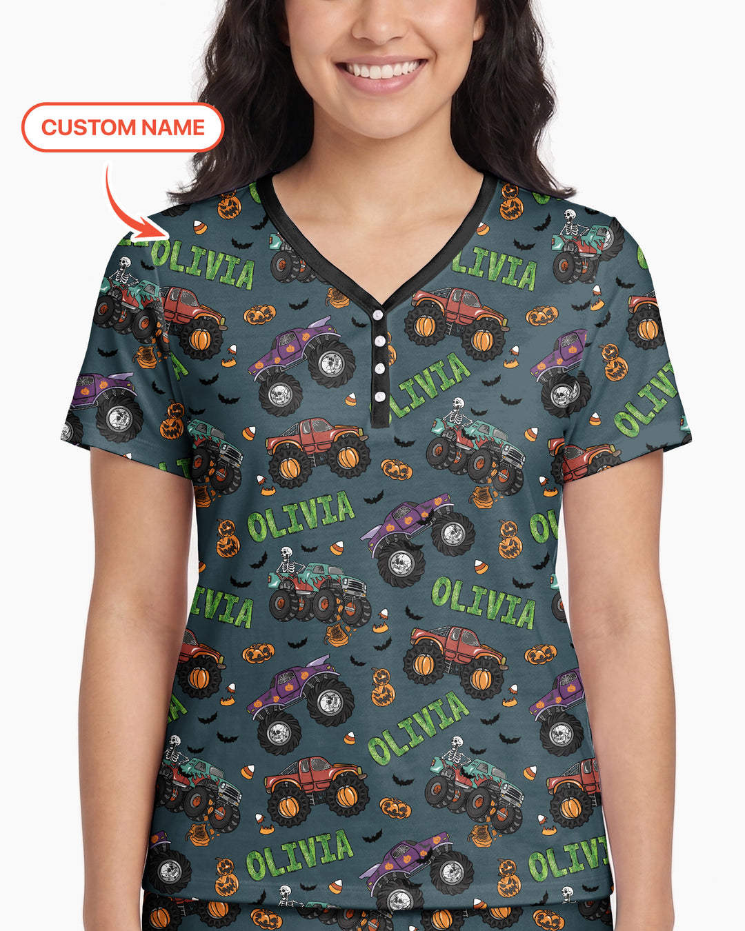 Custom Name Haunted Monster Trucks  Bamboo Women Short Sleeve Short Pajama Set