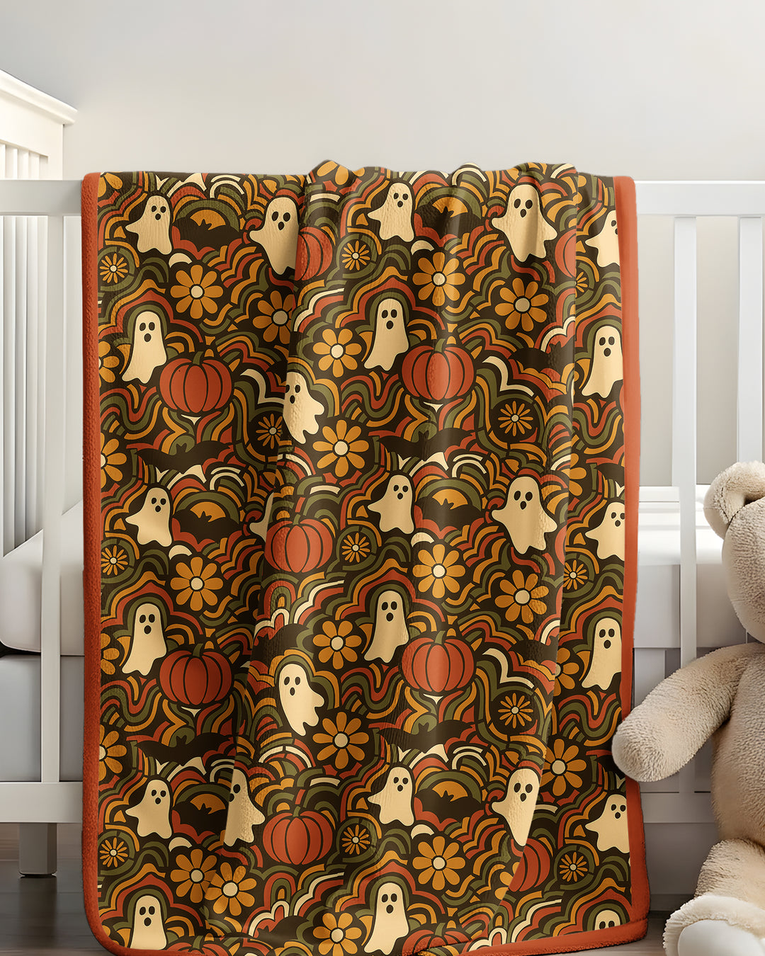 Retro Halloween Ghost Pumpkin Floral Bamboo Blanket