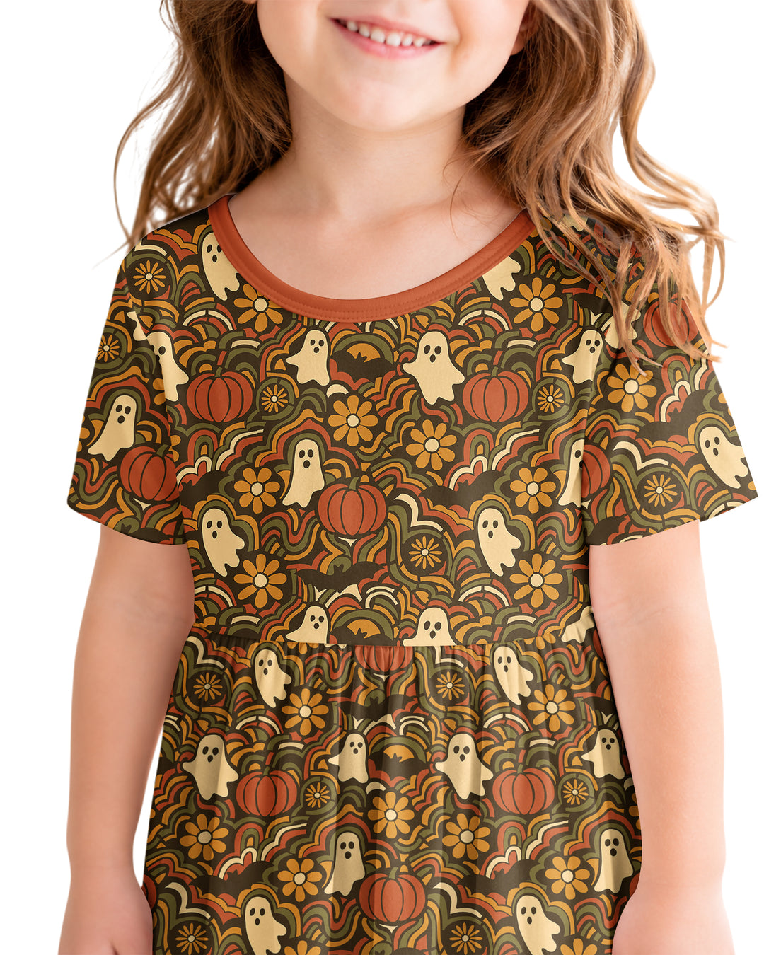 Retro Halloween Ghost Pumpkin Floral Bamboo Twirl Dress