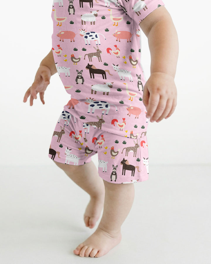 Pink Farm Animals Bamboo Two Piece Short Sleeve Shorts Pyjamas Set