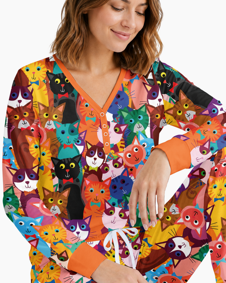Colorful Cat Pattern Bamboo Women Pajama Set