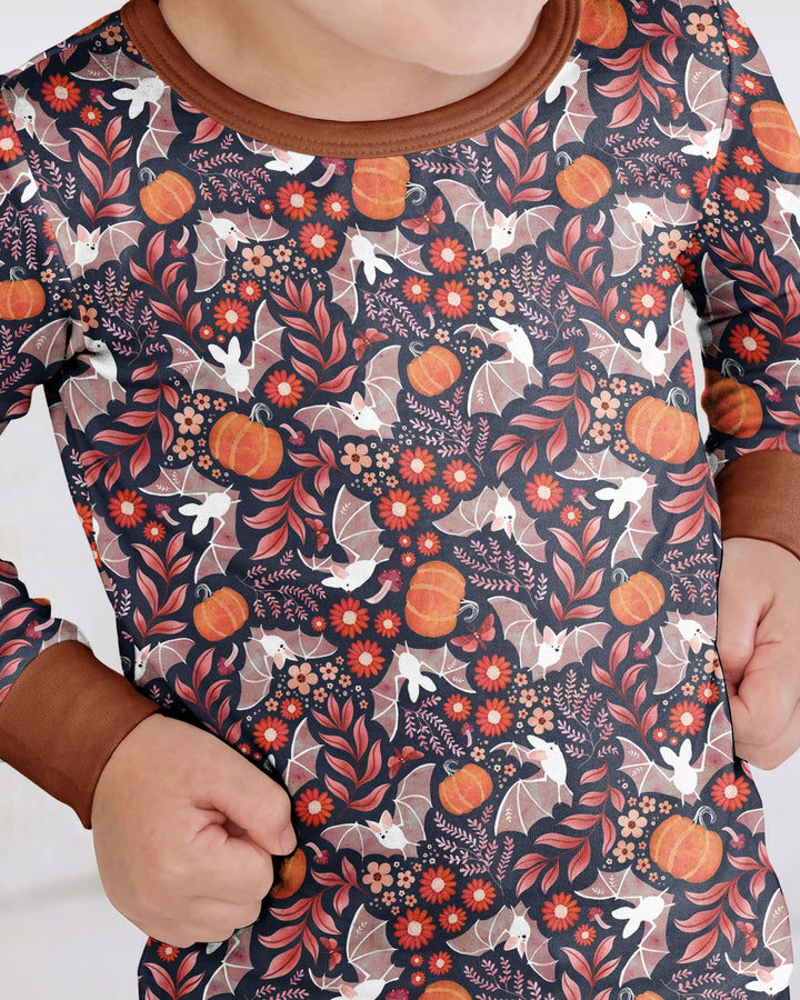 Bat Pumpkin Floral Halloween Bamboo Two Piece Long Sleeve Pajama Set