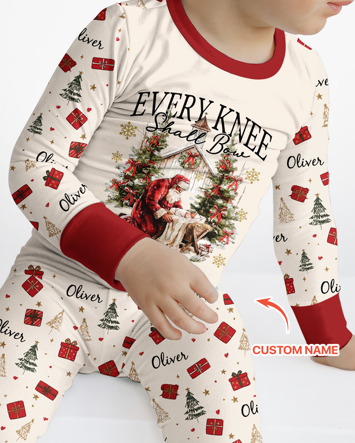 Every Knee Shall Bow Custom Name Mommy And Me Matching Bamboo Two Piece Long Sleeve Pajama Set
