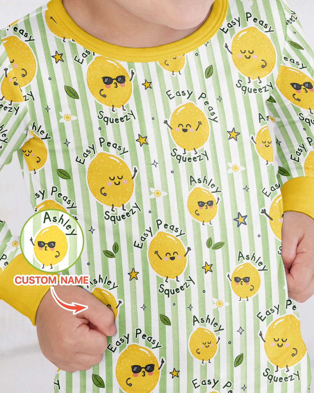 Easy Peasy Lemon Squeezy Custom Name Bamboo Two Piece Long Sleeve Pajama Set