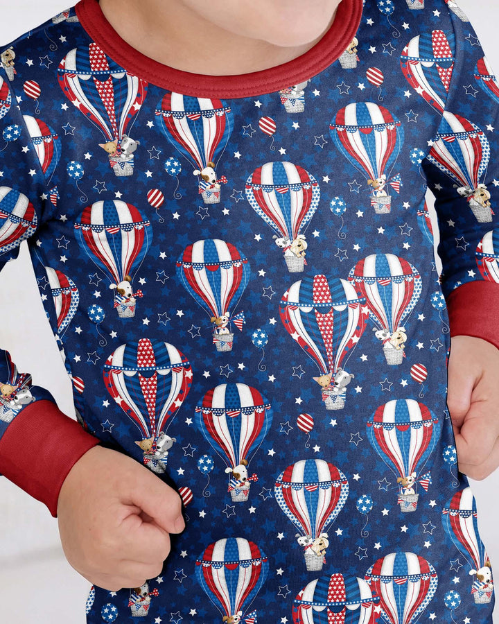 Patriotic Pups in Hot Air Balloons Family Matching Bamboo Two Piece Long Sleeve Pajama Set