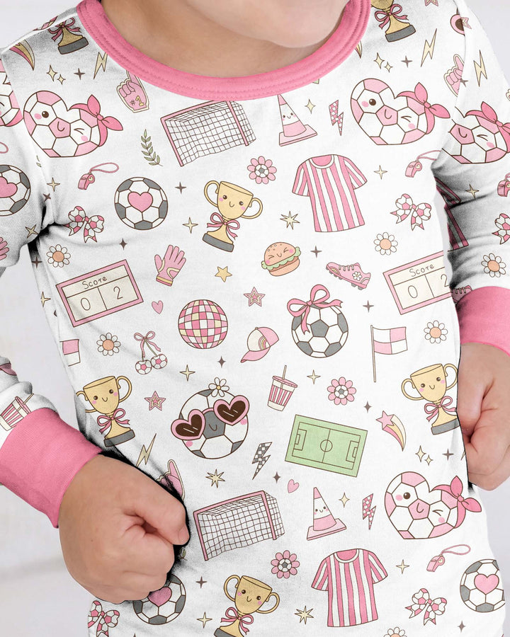 Pink Girly Soccer Coquette Bamboo Two Piece Long Sleeve Pajama Set