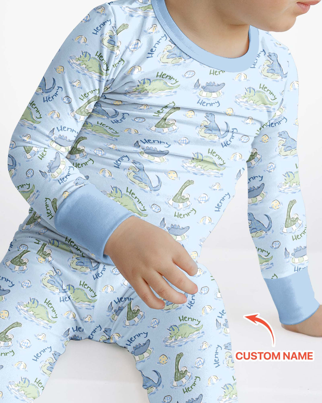 Dinos Swimming Custom Name Bamboo Two Piece Long Sleeve Pajama Set