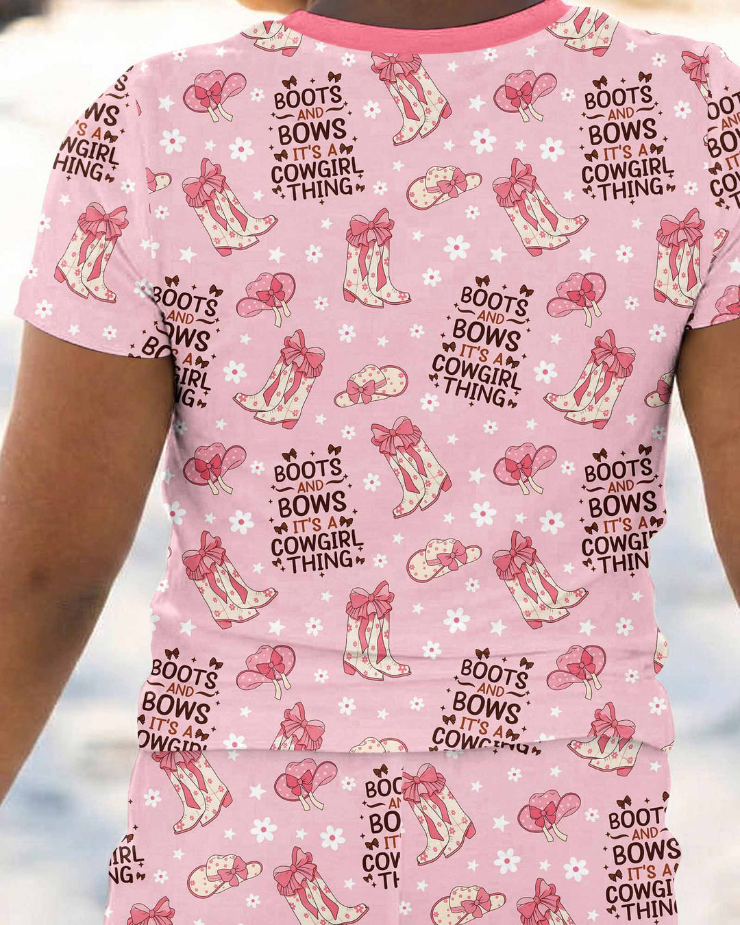 Western Cowgirl Boots And Bows Bamboo Two Piece Short Sleeve Pajama Set