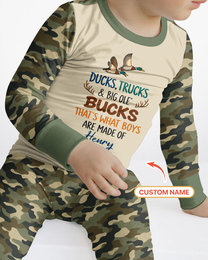 Custom Name Ducks, Trucks & Big Ole' Bucks Bamboo Two Piece Long Sleeve Pajama Set