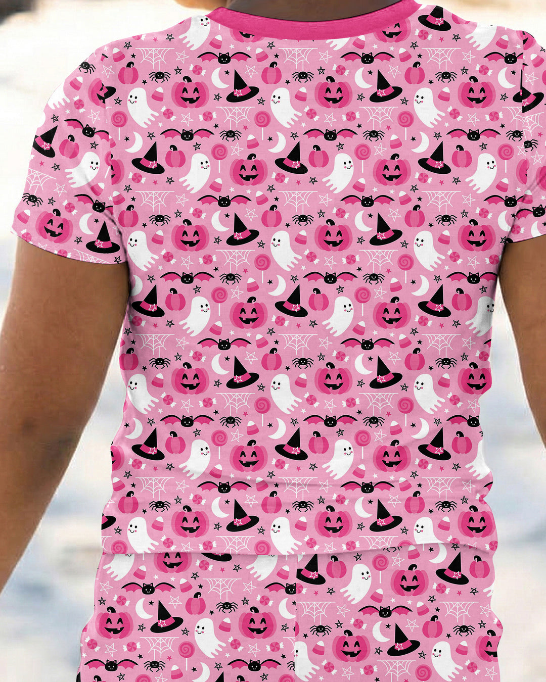 Cute Pink Halloween Ghost Pumpkin Witch Bamboo Two Piece Short Sleeve Pajama Set