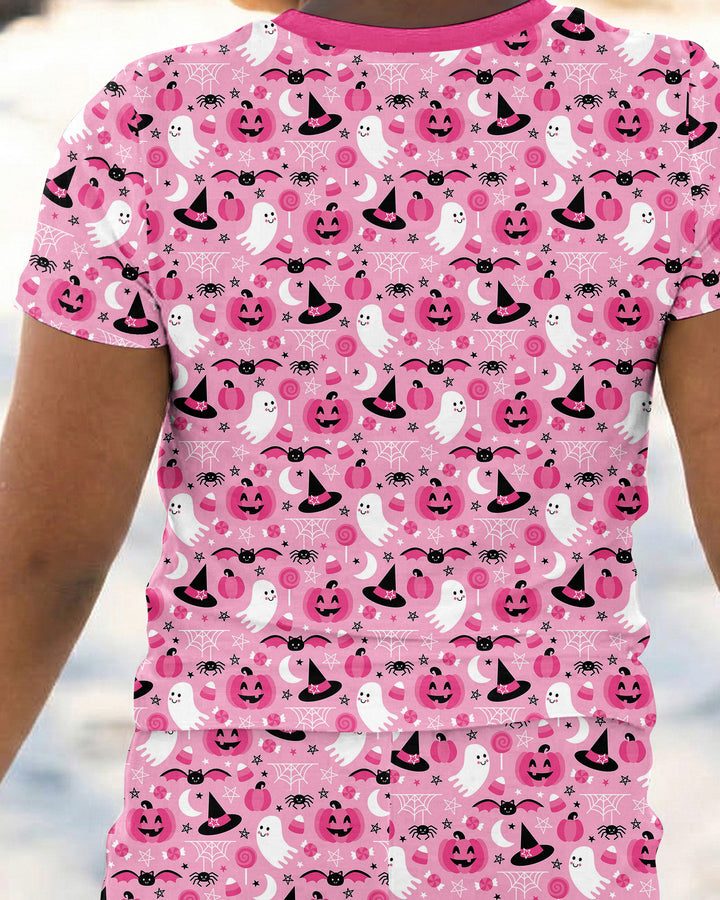 Cute Pink Halloween Ghost Pumpkin Witch Bamboo Two Piece Short Sleeve Pajama Set