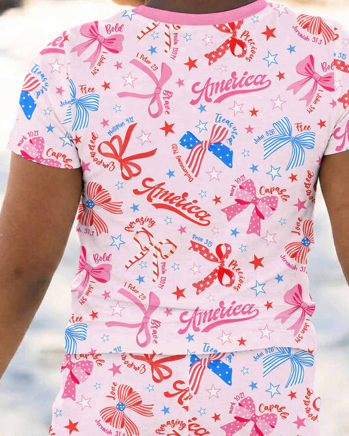 Pink Girly Patriotic Bamboo Two Piece Short Sleeve Pajama Set