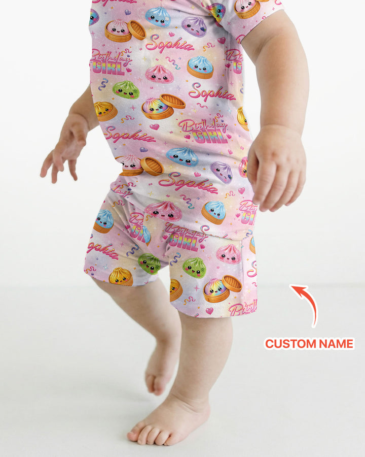 Birthday Girl Glitter Dumpling Bamboo Two Piece Short Sleeve Shorts Pajama Set