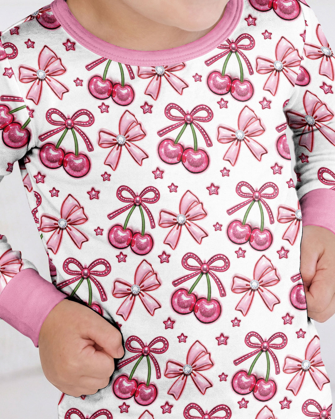 Pink Glitter Cherry Bows Bamboo Two Piece Long Sleeve Pajama Set