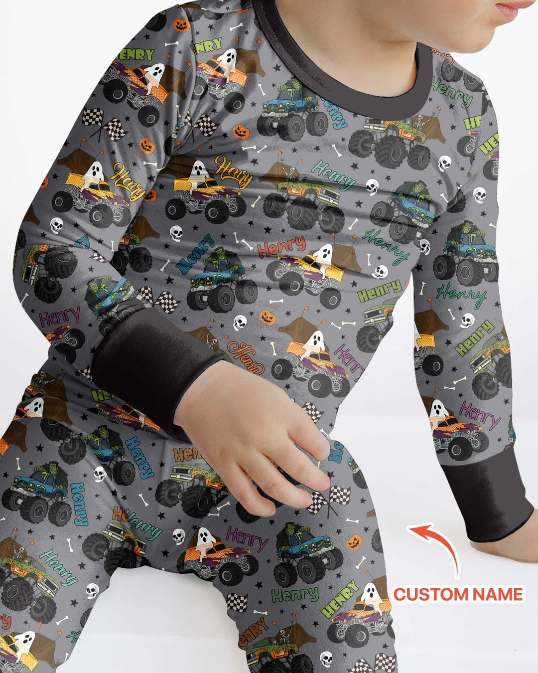 Custom Name Halloween Creepy Crusher Family Matching Bamboo Two Piece Long Sleeve Pajama Set
