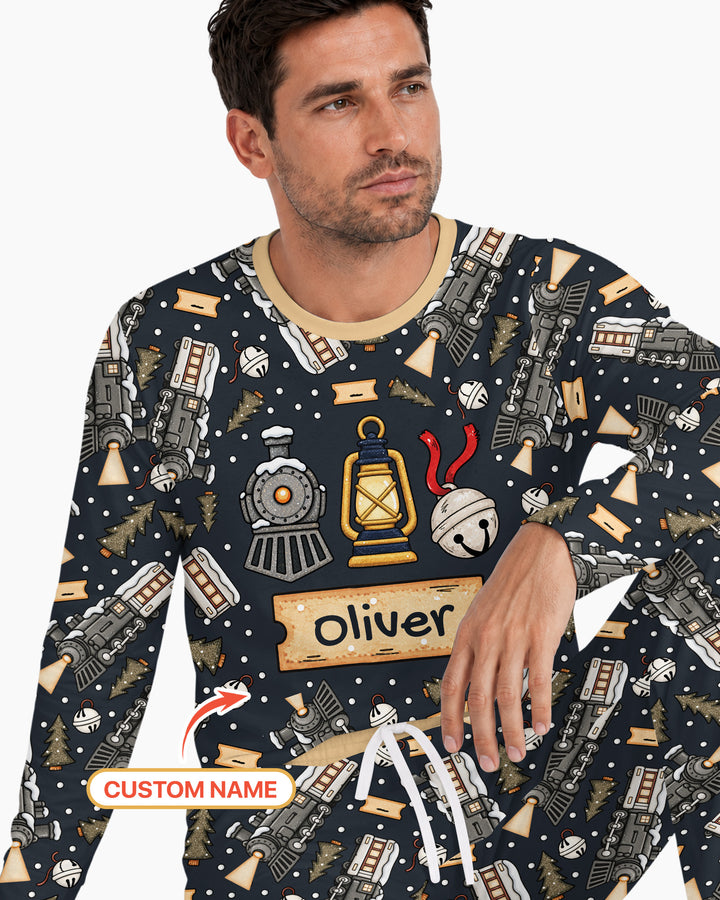 Custom Name Believe Kid Train  Bamboo Men's Pajama Set