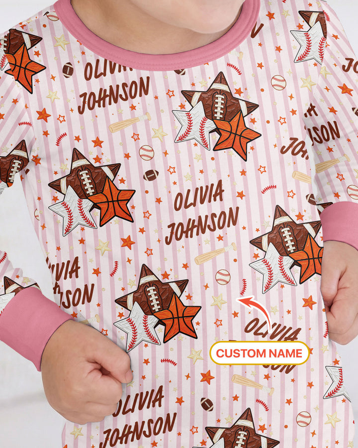 Sport Balls Custom Name Bamboo Two Piece Long Sleeve Pajama Set