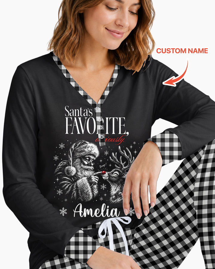 Custom Name Santa's Favorite Buffalo Plaid Bamboo Women Pajama Set