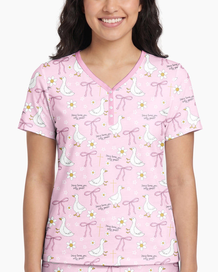 Jesus Loves You Silly Goose Bamboo Women Short Sleeve Short Pajama Set
