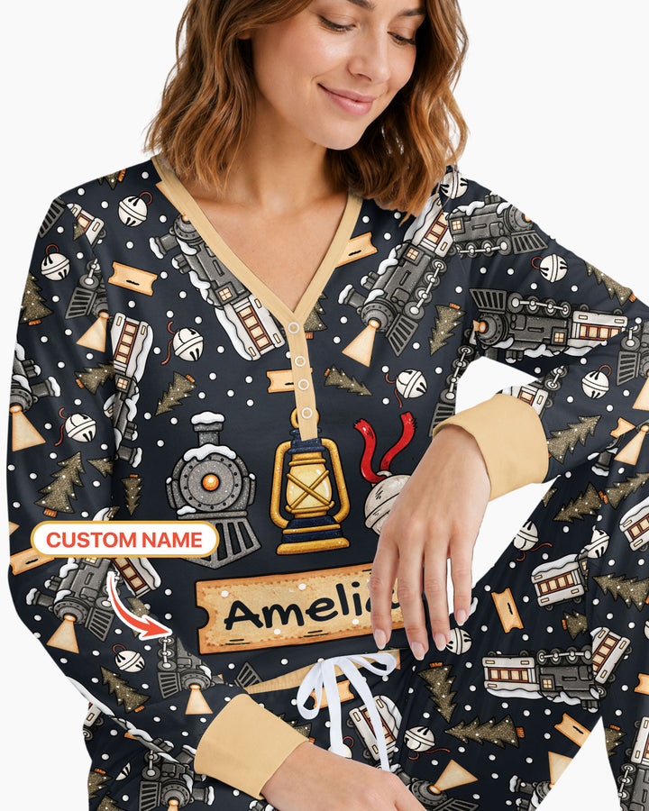 Custom Name Believe Kid Train Bamboo Women Pajama Set