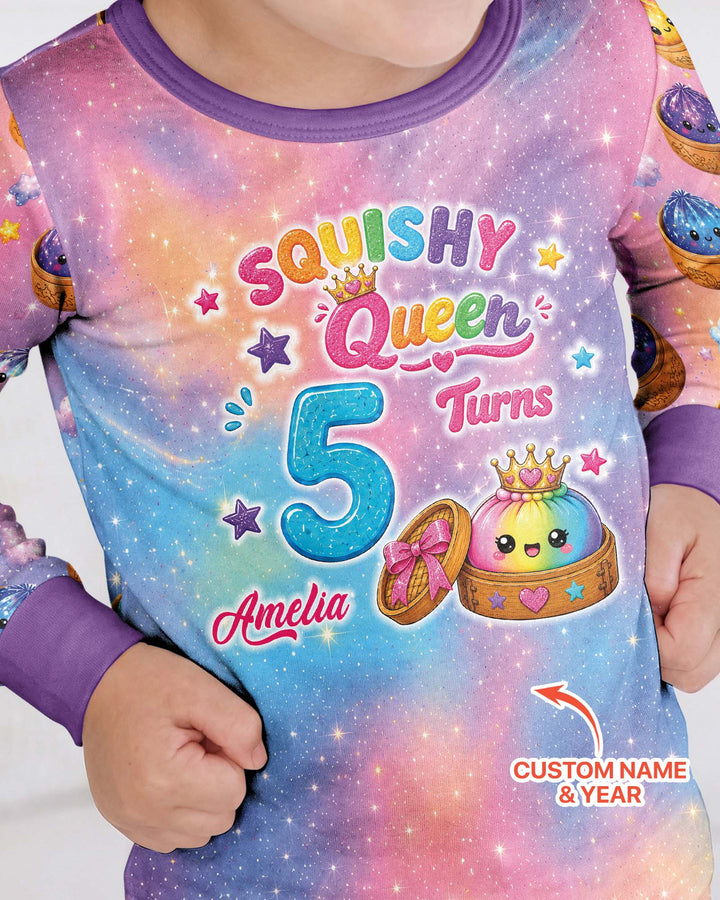 Glitter Dumpling Birthday Girl Custom Name & Age Bamboo Two Piece Long Sleeve Pajama Set