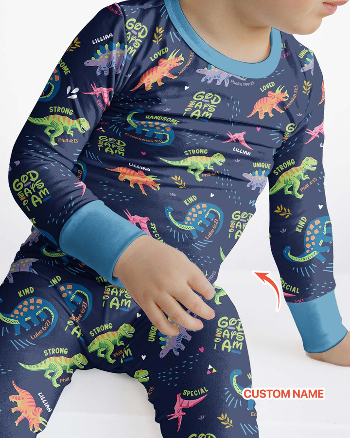 Custom Name God says I am Dinosaur Bamboo Two Piece Long Sleeve Pyjamas Set