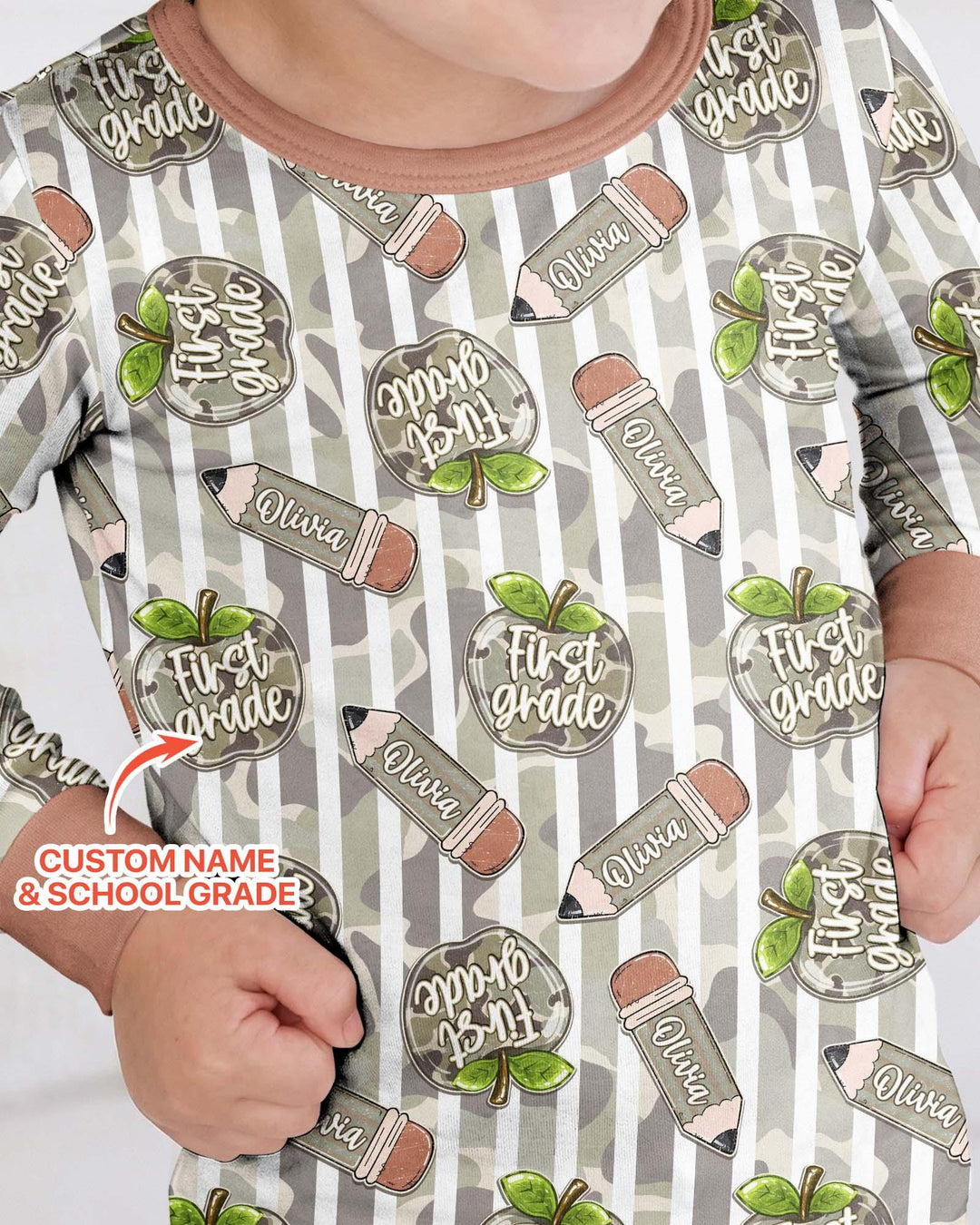 Custom Name Camo Apple Days Bamboo Two Piece Long Sleeve Pajama Set