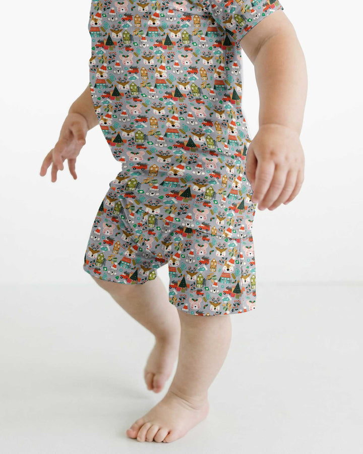 Christmas Woodland Deer Fox Bear Bamboo Two Piece Short Sleeve Shorts Pajama Set