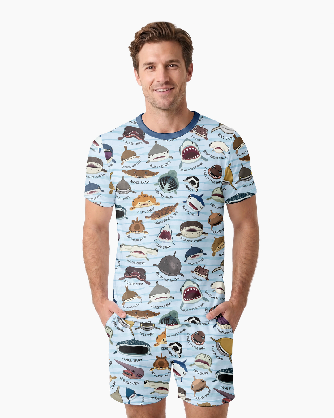 Shark Faces Bamboo Men Short Sleeve Short Pajama Set