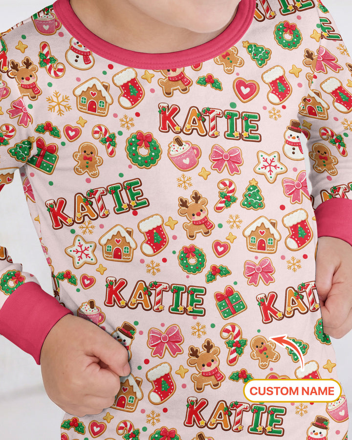 Pink GingerBread Custom Name Bamboo Two Piece Long Sleeve Pajama Set