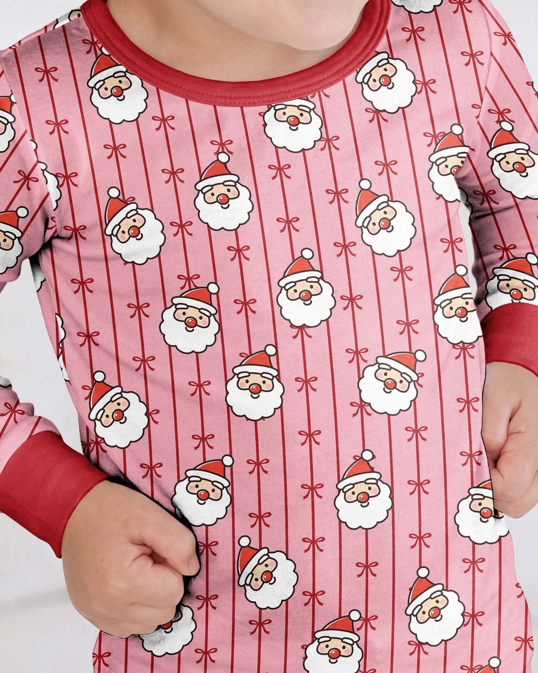 Pink Santa Bow Stripe Christmas Bamboo Two Piece Long Sleeve Pajama Set