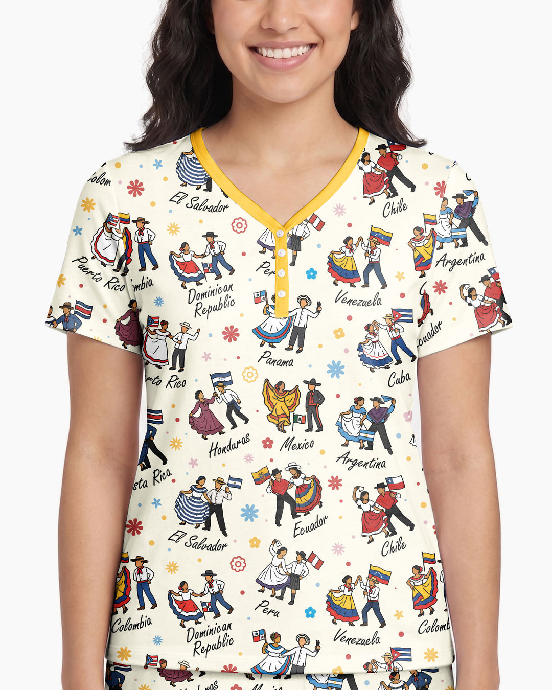 Hispanic Traditional Folkloric Dress Bamboo Women Short Sleeve Short Pajama Set