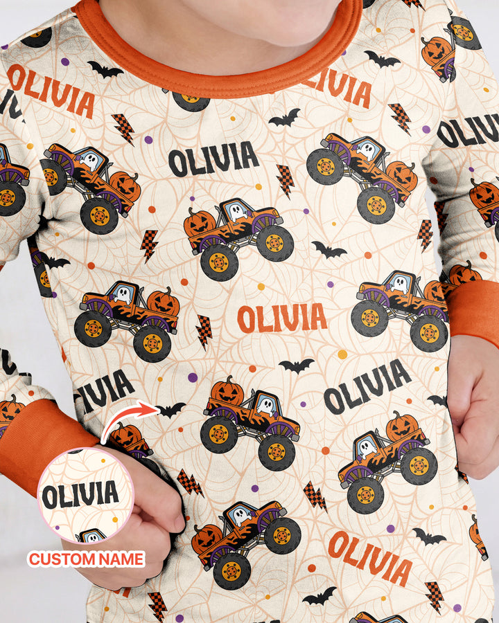 Custom Name Halloween Monster Truck Bamboo Two Piece Long Sleeve Pajama Set