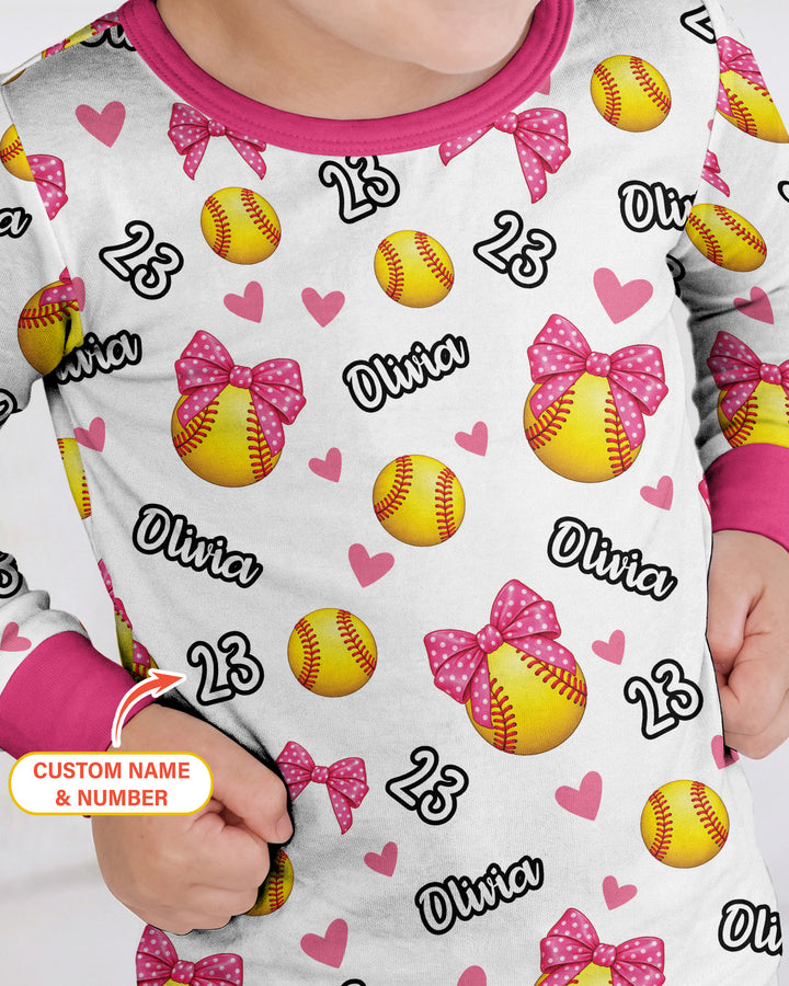 Coquette Ball Custom Name And Number Bamboo Two Piece Long Sleeve Pajama Set