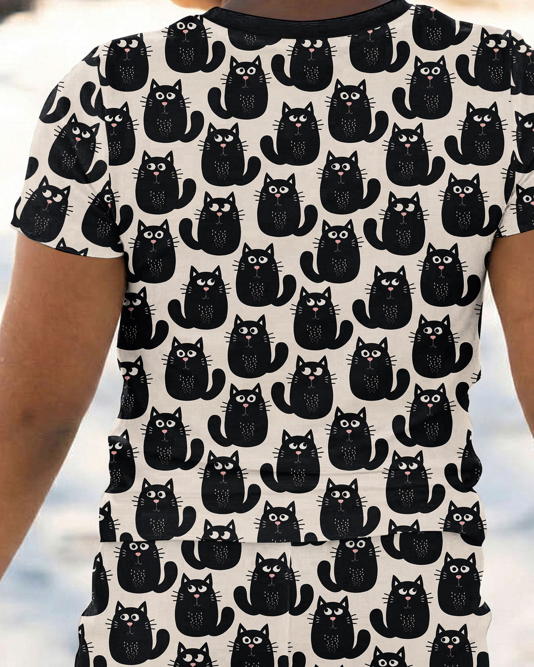 Moody Black Cats in Black and White Bamboo Two Piece Short Sleeve Pajama Set