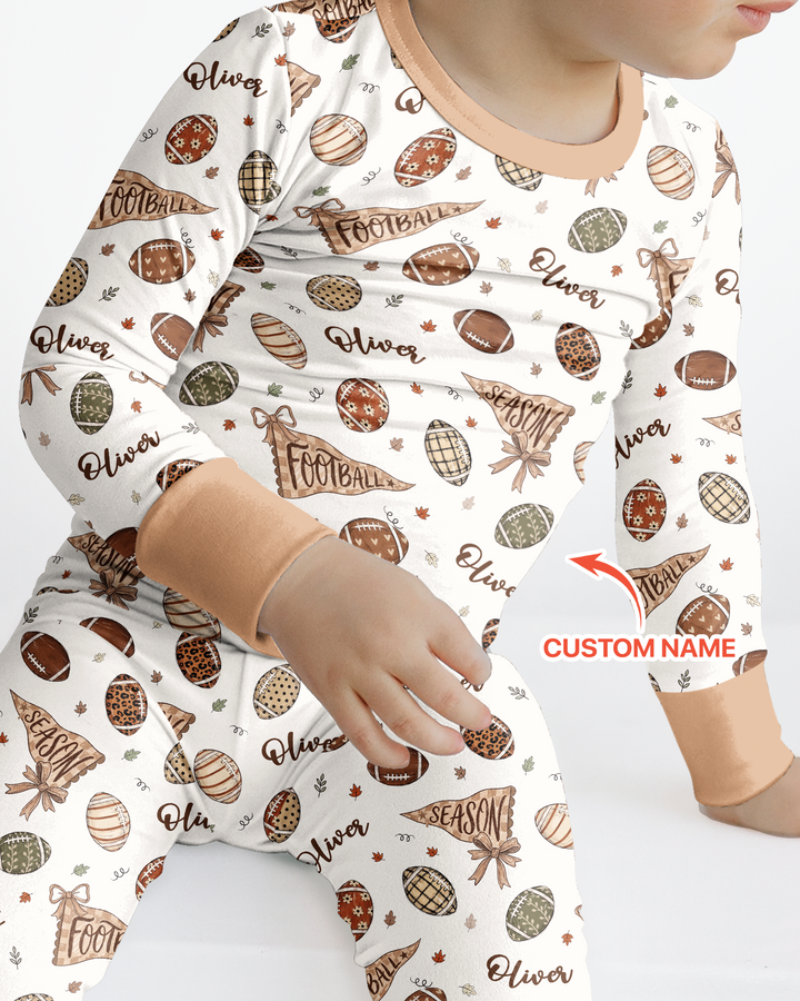 Custom Name Football Fall Season Bamboo Two Piece Long Sleeve Pajama Set