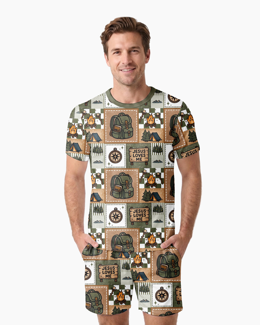 Camping Jesus Loves Me Bamboo Men Short Sleeve Short Pajama Set