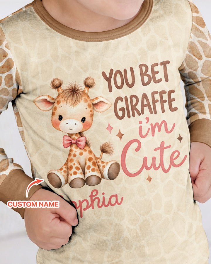 Personalized You Bet Giraffe I'm Cute Bamboo Two Piece Long Sleeve Pajama Set
