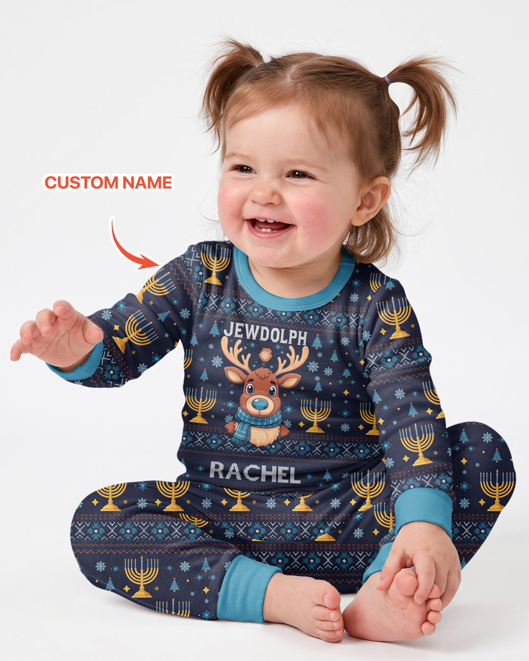 Custom Name Jewdolph Hanukkah Bamboo Two Piece Long Sleeve Pajama Set