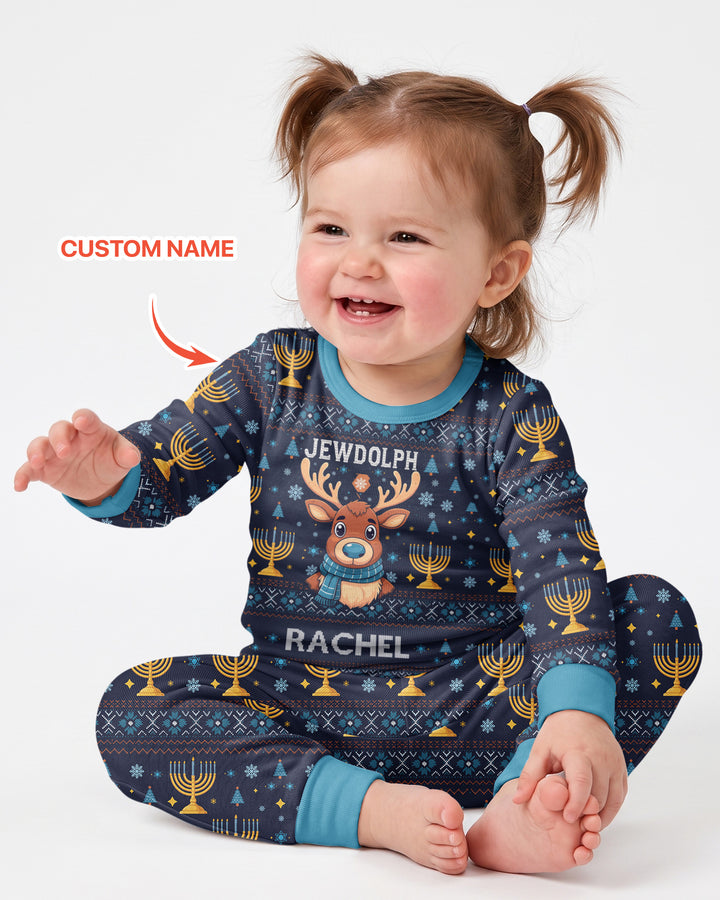 Custom Name Jewdolph Hanukkah Bamboo Two Piece Long Sleeve Pajama Set