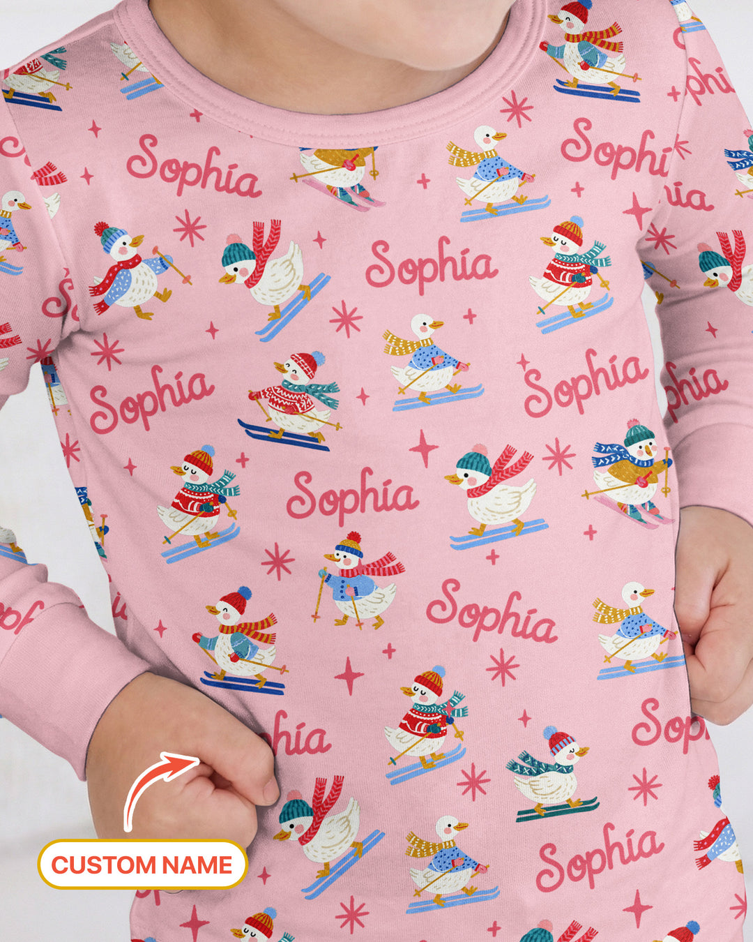 Custom Name Skiing Goose Bamboo Two Piece Long Sleeve Pajama Set