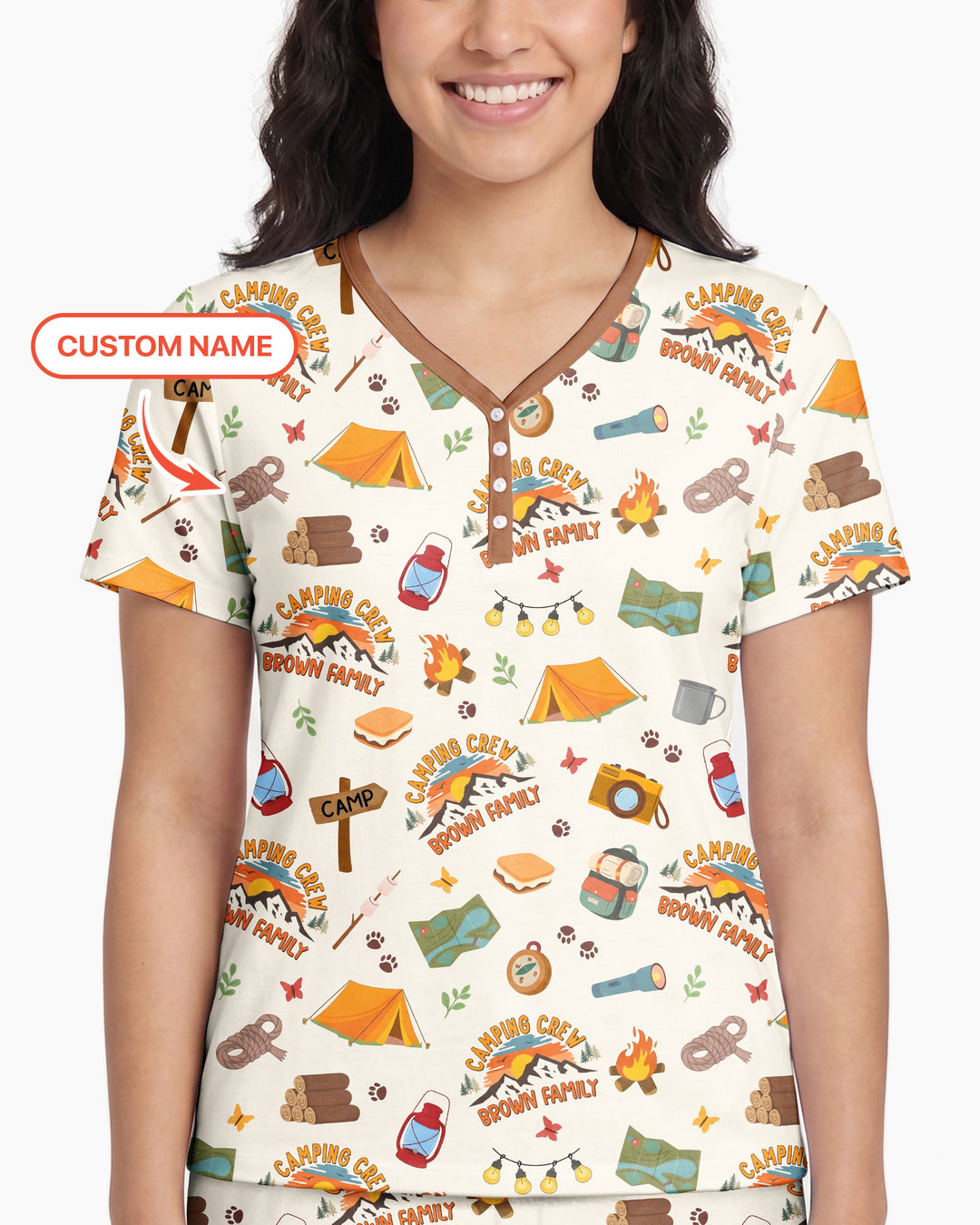Custom Name Camping Crew Family Matching Bamboo Women Short Sleeve Short Pajama Set