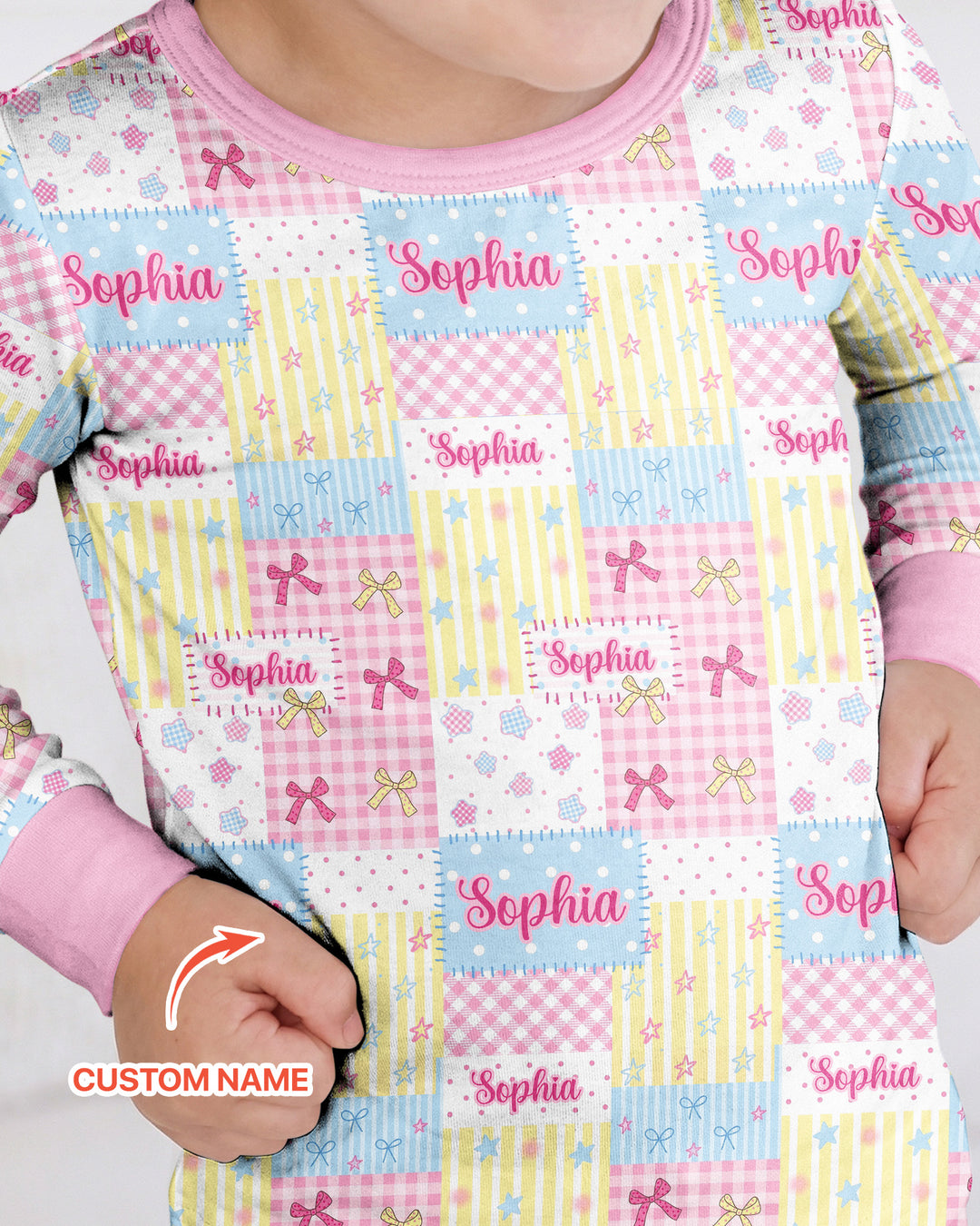 Custom Name Sweet Patchwork Bamboo Two Piece Long Sleeve Pajama Set
