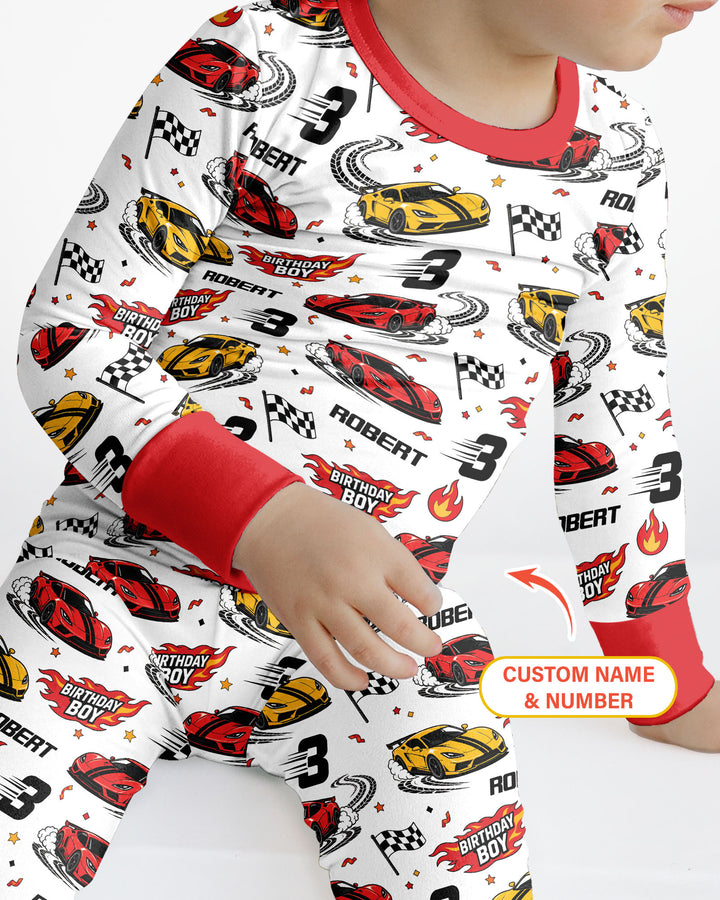 Personalized Racing Car Birthday Boy Bamboo Two Piece Long Sleeve Pajama Set