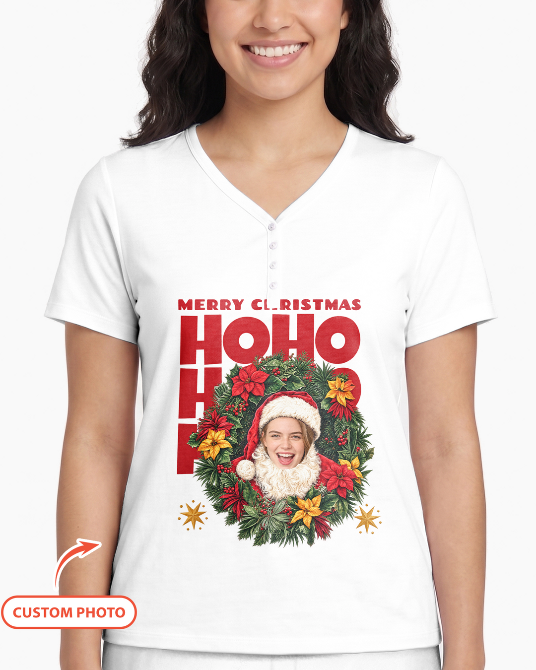 Personalized Photo Christmas Santa Bamboo Women Short Sleeve Short Pajama Set